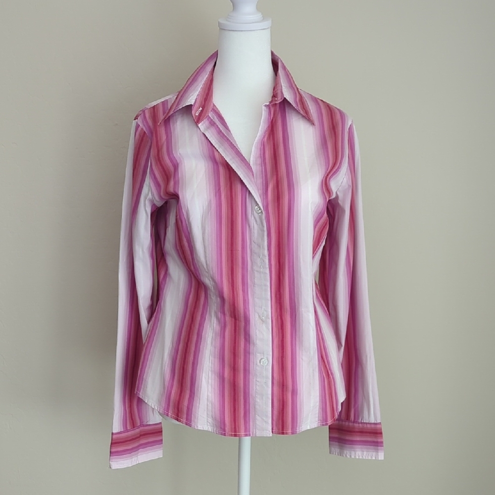 New York & Company Pink Striped Button Down Shirt, S
